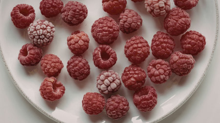 A plate filled with fresh raspberries, showcasing their vibrant red color and texture.の写真素材