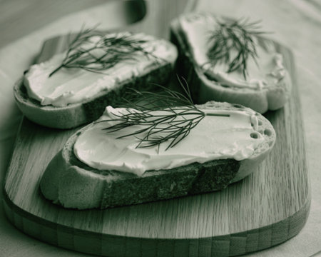 A close-up image of three slices of bread topped with butter and dill, arranged on a wooden cutting board.の写真素材
