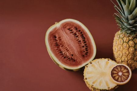 A halved watermelon and a pineapple with a slice cut out, displayed on a red background.の写真素材
