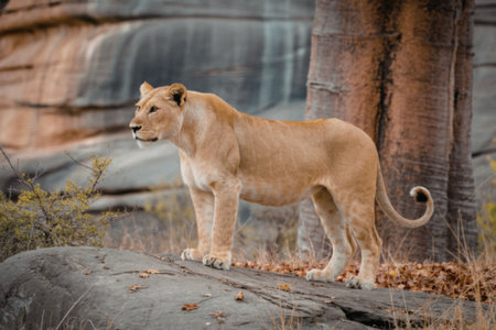 A majestic lioness stands on a rocky outcrop, gazing into the distance, surrounded by natural scenery.の写真素材