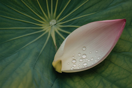 A close-up image of a lotus petal with water droplets resting on a large green lotus leaf.の写真素材