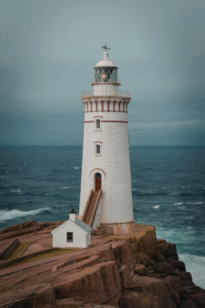 A white lighthouse with red accents stands on a rugged rocky coastline, surrounded by turbulent sea and overcast sky.の写真素材