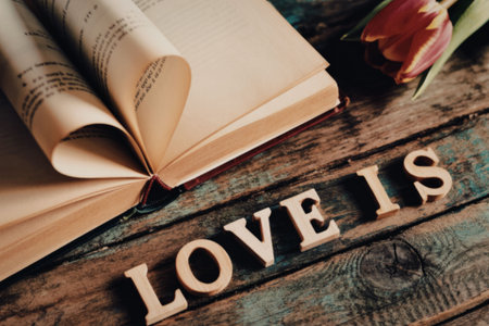 An open book lies on a wooden table with the words 'LOVE IS' spelled out in wooden letters and tulips nearby.の写真素材