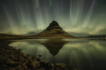 A serene mountain landscape at night with the northern lights illuminating the sky and reflecting in the calm waters of a lake.の写真素材