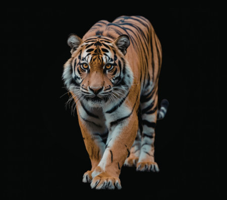 A powerful tiger with orange and black stripes walks directly towards the camera, its eyes fixed intently, set against a stark black background.の写真素材