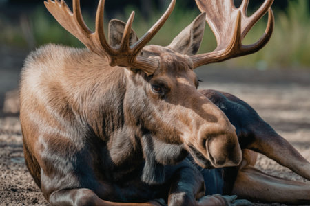 A large moose is lying down on the ground, showcasing its impressive antlers and brown fur, with a blurred green background.の写真素材