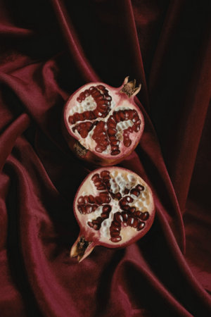 Two pomegranate halves with juicy arils on a rich red satin fabric, creating a visually appealing and symbolic image.の写真素材