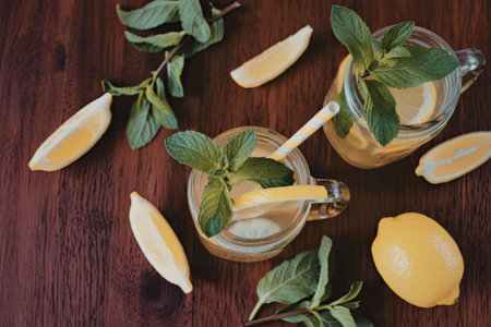 A glass of lemonade with a sprig of mint and a yellow straw, accompanied by a pitcher of lemonade and surrounded by lemon slices and mint leaves on a dark wooden table.の写真素材