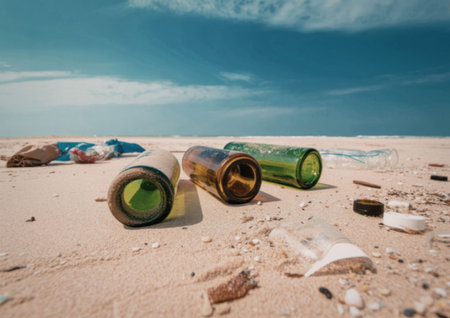 A beach littered with trash, including broken glass bottles and plastic debris, against a backdrop of a blue sky with clouds.の写真素材