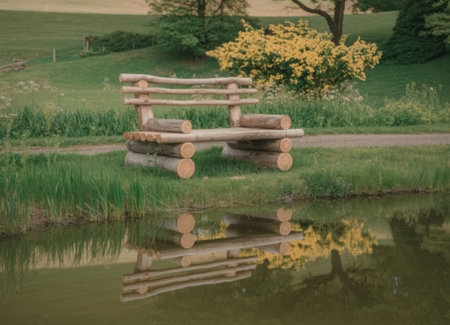 A wooden bench is placed beside a pond in a park, surrounded by lush greenery and vibrant yellow flowers. The bench is made of logs and has a natural, rustic appearance. The pond's calm water reflects the bench and the surrounding landscape, creating a sense of serenity and peacefulness.の写真素材