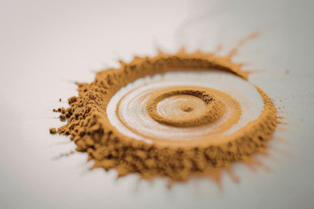 A circular pattern of turmeric powder on a white surface, creating a visually appealing spiral design.の写真素材