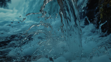 A close-up view of a waterfall, capturing the dynamic movement of water as it cascades down, creating a splash and foam at the base.の写真素材
