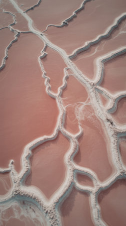 An aerial photograph capturing the unique patterns of a pink salt lake, with white crystalline formations along its edges and pathways.の写真素材
