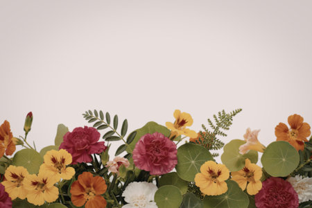 A vibrant arrangement of nasturtium and carnation flowers in shades of pink, orange, and yellow, set against a clean white background.の写真素材
