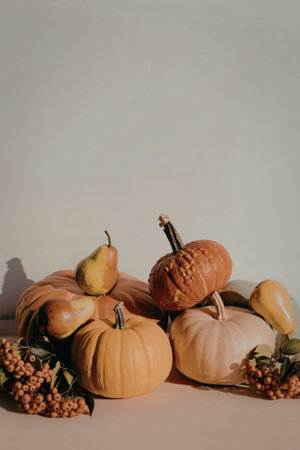 A visually appealing composition of various pumpkins and pears, accompanied by autumnal foliage, creating a warm and inviting atmosphere.の写真素材