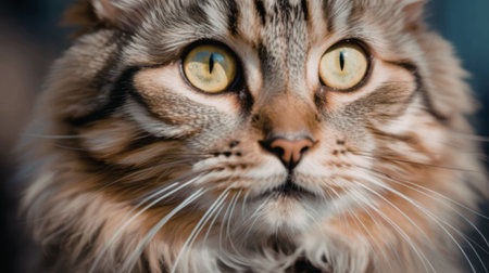A close-up portrait of a stunning cat with vibrant green eyes and soft, fluffy fur.の写真素材