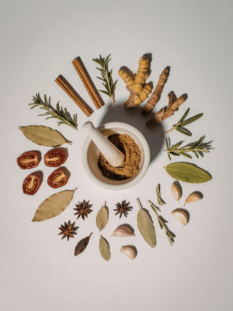A collection of various spices and herbs, including turmeric, cinnamon, garlic, and bay leaves, arranged around a mortar and pestle on a white background.の写真素材