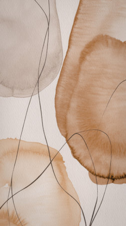 A visually appealing abstract artwork featuring watercolor elements in shades of brown and beige, complemented by thin black lines on a white textured background.の写真素材