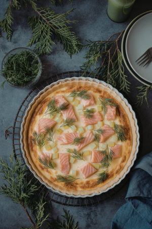 A beautifully presented salmon quiche garnished with fresh dill and served on a grey surface surrounded by evergreen branches and plates.の写真素材