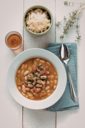 A warm and comforting bowl of white bean soup garnished with fresh herbs, served with a side of grated cheese and a drizzle of red pepper sauce.の写真素材