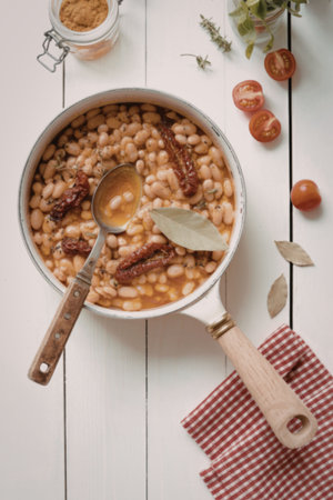 A hearty white bean stew cooked with sun-dried tomatoes and fresh herbs, served in a pan on a white wooden table.の写真素材