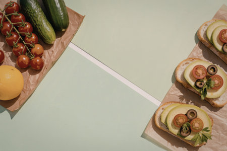 A healthy snack featuring avocado toast with tomatoes, olives, and parsley, accompanied by fresh vegetables and fruits on a light green background.の写真素材
