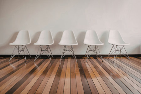 A row of five white chairs with metal legs are positioned against a plain white wall, on a wooden floor with varying shades of brown planks.の写真素材