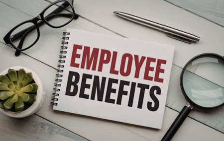 A notebook on a white wooden desk with 'EMPLOYEE BENEFITS' written on it, surrounded by office supplies and a small potted plant.の写真素材