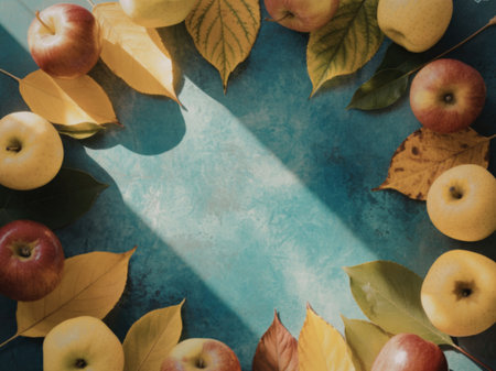 A vibrant arrangement of apples and leaves on a blue background, illuminated by sunlight, creating a warm and inviting atmosphere.の写真素材