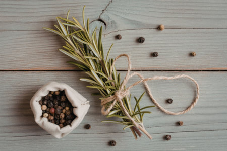 A sprig of fresh rosemary tied with twine next to a small bag of mixed peppercorns on a rustic wooden surface.の写真素材