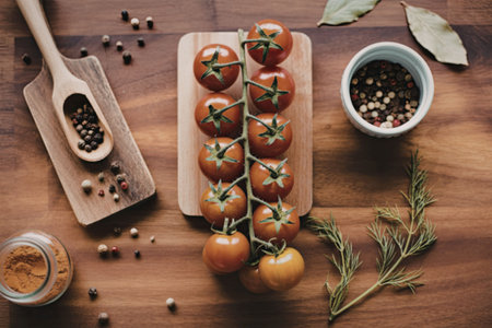 A vibrant display of cherry tomatoes on the vine, surrounded by various spices and herbs on a rustic wooden table, perfect for cooking and culinary themes.の写真素材