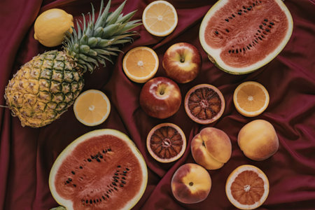 A vibrant and colorful arrangement of various fresh summer fruits including watermelon, pineapple, oranges, apples, peaches, and blood oranges, placed on a red fabric background.の写真素材