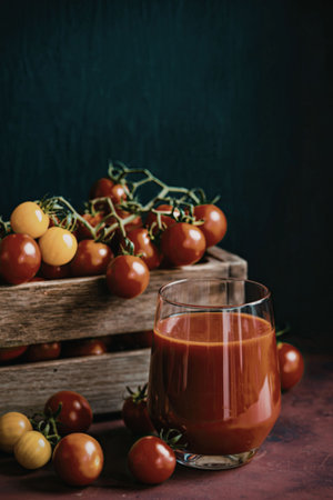 A glass of vibrant red tomato juice surrounded by cherry tomatoes on a wooden crate and scattered on a dark surface.の写真素材
