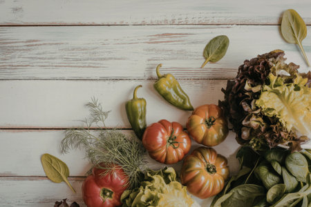 An assortment of fresh vegetables, including tomatoes, peppers, lettuce, and herbs, arranged on a white wooden table.の写真素材