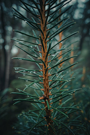 Fresh pine branch with dew drops in forestの写真素材