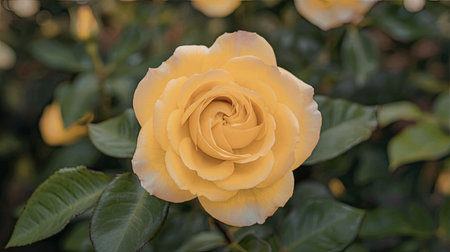 A vibrant yellow rose is the central focus, with delicate petals unfolding to reveal its beauty. The rose is surrounded by lush green leaves, creating a natural and serene atmosphere.の写真素材