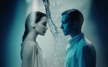 A man and woman facing each other with water splashing between them, creating a dramatic and intense atmosphere.の写真素材