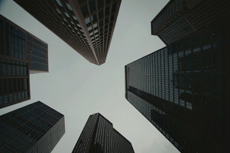 A low-angle shot of several skyscrapers against a gray sky, highlighting their towering presence and architectural details.の写真素材