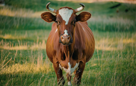A brown cow with horns and a white patch on its forehead is standing in a green field with tall grass and sunlight shining on it.の写真素材