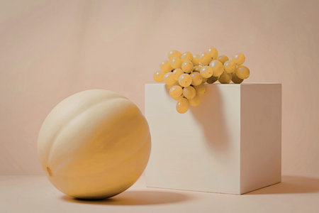 Fresh fruit display with melon and grapes on white boxの写真素材