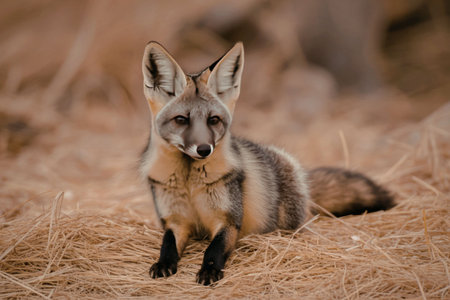 A fox with gray and orange fur sits on a bed of hay, looking directly at the camera.の写真素材
