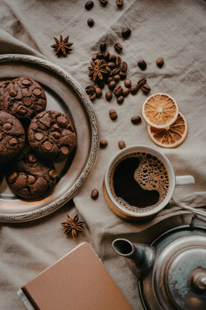 A plate of chocolate chip cookies, a cup of coffee, and a teapot on a table with dried orange slices and spices.の写真素材