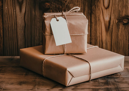 Beautifully wrapped gifts on a wooden surfaceの写真素材