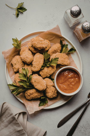 A plate of crispy fried chicken nuggets served with a side of dipping sauce and garnished with parsley.の写真素材