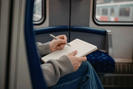 Person writing in notebook on train during commuteの写真素材