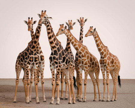 A group of giraffes standing together on a sandy surface, looking in different directions.の写真素材