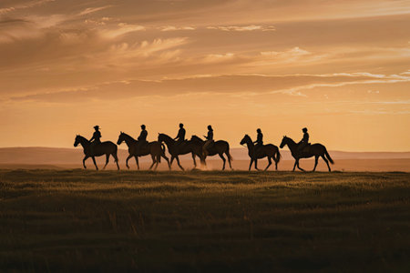 A group of horseback riders are silhouetted against a vibrant orange and yellow sunset, riding across a vast open field.の写真素材