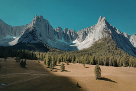 A scenic landscape of a mountain range with lush green forest and grassland under a clear blue skyの写真素材