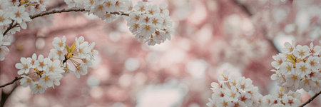 The image features a close-up view of blossoming tree branches adorned with white flowers. The branches are positioned at the top of the image, with a blurred background that transitions from pink to white, suggesting a serene and serene natural setting.の写真素材