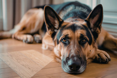 A German Shepherd dog lies on a wooden floor, looking directly at the camera with its ears perked up and a calm expression.の写真素材